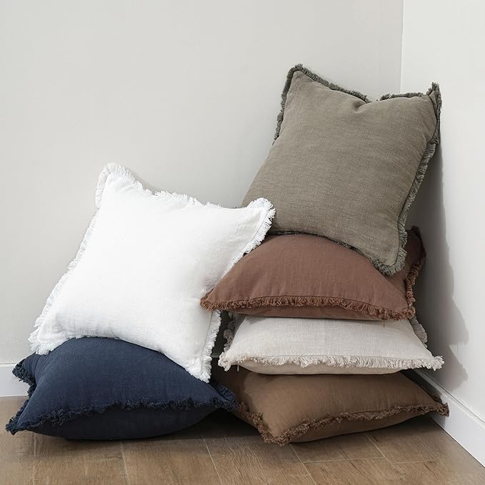 Foindtower Decorative Linen Fringe Throw Pillow Covers Cozy Boho Farmhouse Cushion Cover with Tassel Soft Accent Pillowcase for Chair Sofa Bed Living Room Home Decor, 18×18 Inch, 1PC, Cream White