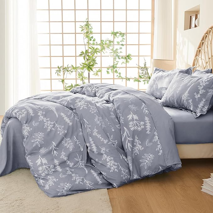 MUXHOMO Light Grey Full Comforter Set, Elegant Floral Print Bed in a Bag 7 Pieces, Ultra Soft & Breathable Reversible Botanical Pattern Bedding Set with Comforter, Sheets, Pillowcases, and Shams