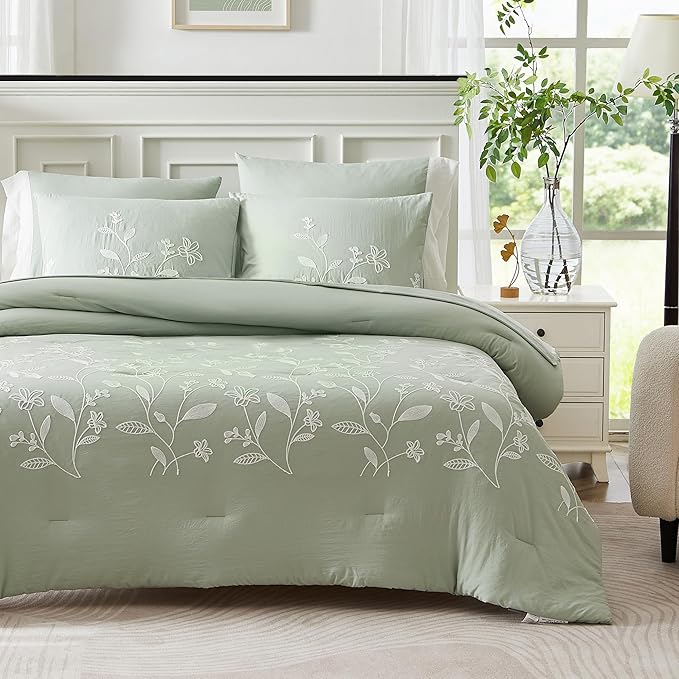 MaiRêve Embroidery Comforter Sets Green Twin Size, Farmhouse Floral Twin Bedding Sets 5 Pieces, Warm Fluffy All Season Bed Set and Comforter Sets(Green, Twin,66"x86")
