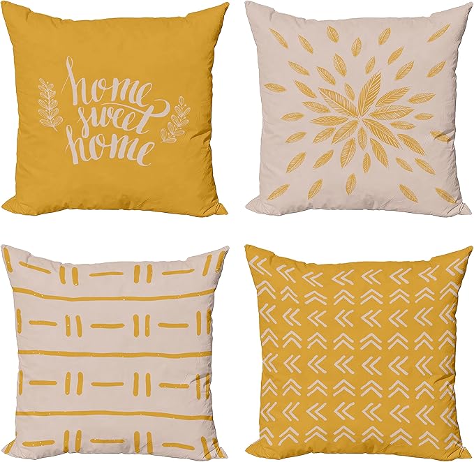 Ambesonne Modern Throw Pillow Cushion Case Pack of 4, Scandinavian Minimal Ornaments Boho Feather Leaves and Home Phrase, Modern Accent Double-Sided Digital Printing, 24", Pale Tan and Earth Yellow