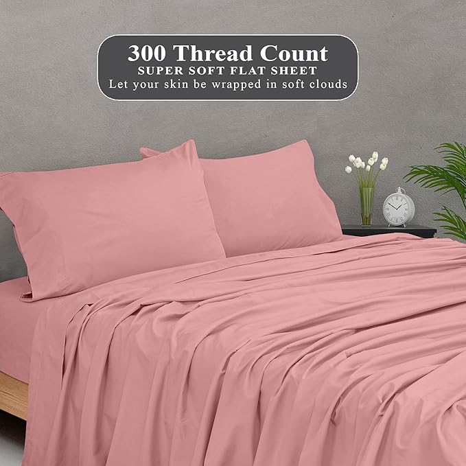Royale Linens 300 Thread Count 100% Long Staple Combed Cotton Flat Sheet - Super Soft - Top Sheets - Full Flat Sheet Sold Separately - Breathable, Cool & Crisp Percale Sheets Only (Full, Pink)