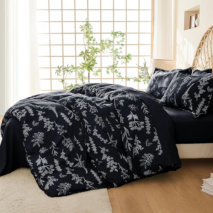 MUXHOMO Black California King Comforter Set, Elegant Floral Print Bed in a Bag 7 Pieces, Ultra Soft & Breathable Reversible Botanical Pattern Bedding Set with Comforter, Sheets, Pillowcases, and Shams
