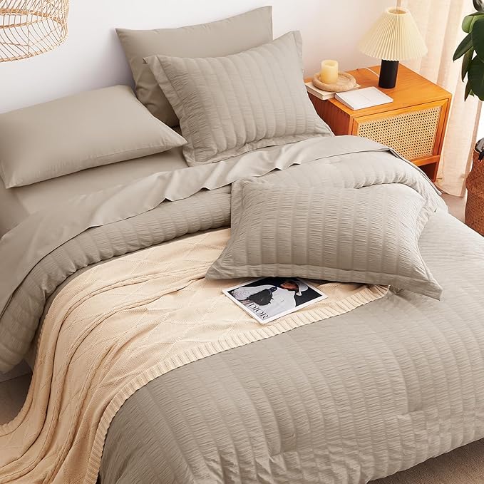 CozyLux Full Size Comforter Sets with Sheets Seersucker 7 Pieces Khaki Bed in a Bag Textured Luxury Soft Bedding Set with Down Alternative Comforter, Sheets, Pillowcases & Shams for All Seasons