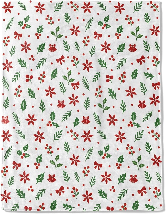 Christmas Decorative Blanket, Poinsettia and Holly Leaf Print Throw Decoration, Soft Flannel Winter Blankets for Couch Bed Sofa, Holiday Home Decor, Xmas Festival Gifts White 40x50 Inch
