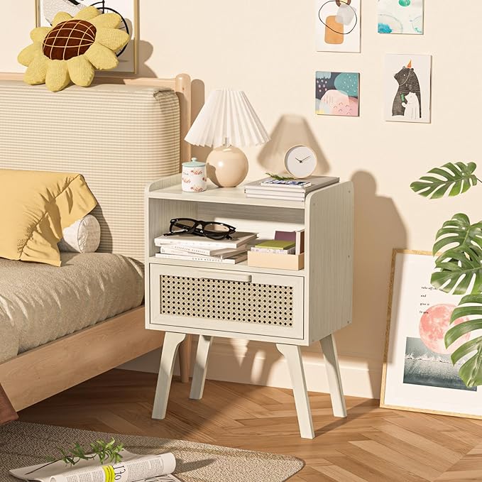 Lerliuo Rattan Nightstand, Side Table with Drawer Open Shelf, Cane Accent Bedside End Table with Solid Wood Legs, Mid Century Modern Night Stand for Bedroom, Dorm and Small Spaces (Grey White)