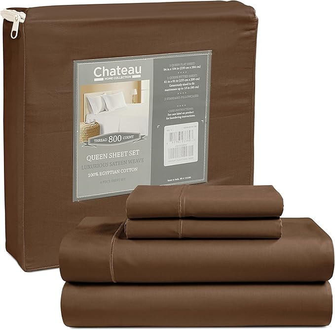 100% Cotton Sheets Split King Size Sheets Set with Fitted Sheet & Pillowcase Sets, 800 TC Sateen Weave 4 PC Deep Pocket Split King Sheet Set, Soft & Comfy Naturally Cool Luxury Bedding – Chocolate