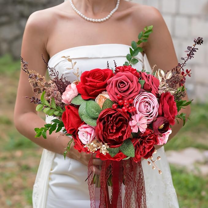 AmyHomie Red Artificial Flowers Combo Silk Mix Peony Rose Fake Flowers w/Stem for Valentine's Day DIY Wedding Bouquets Centerpieces Table Fall Decor Party Bridal Baby Shower Home Decorations