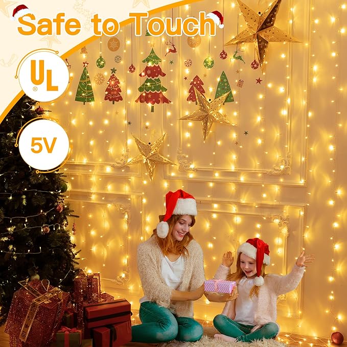 Ollny Curtain Lights 6.6x6.6ft, 200 LED String Lights with Remote 8 Modes Dimmable Timer, USB Power Fairy Light for Bedroom Backdrop Indoor Wall Window Christmas Decorations, Warm White