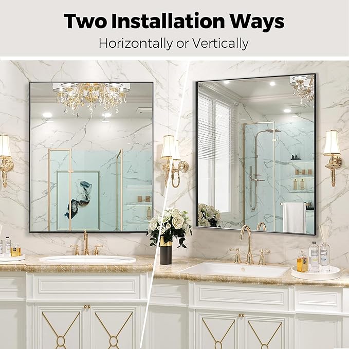 24x30 Inch Black Bathroom Mirror for Wall, Aluminum Frame Rectangle Rectangular Vanity Mirror, Modern Large for Bedroom, Living Room, Horizontal or Vertical