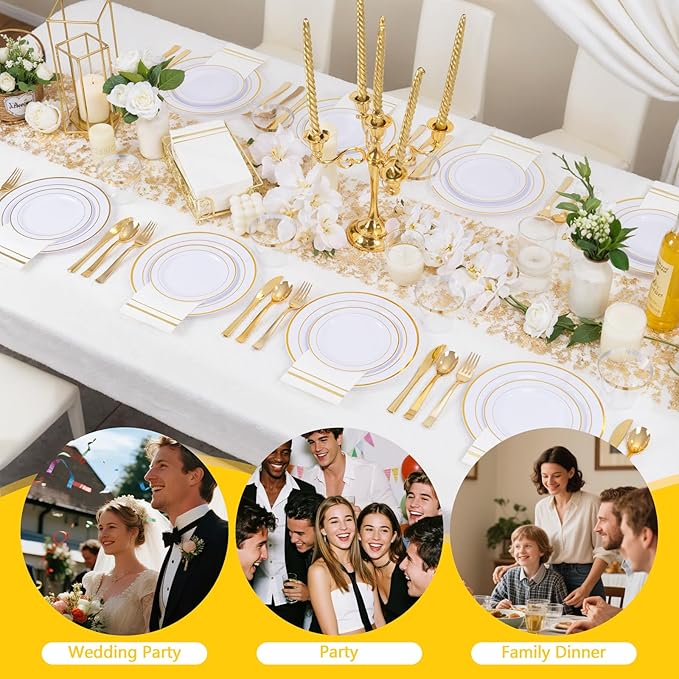 GATHER 700PCS Gold Plastic Plates - Whtie and Gold Disposable Dinnerware Sets 100Guest - 200 Disposable Plate, 300 Plastic Silverware, 100 Cups, 100 Napkins for Wedding & Party & Thanksgiving