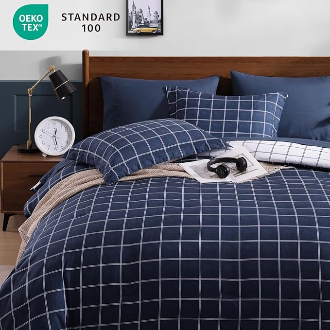 Plaid Full Size Comforter Set Dark Blue, Reversible Checkered Bedding Set 7 Pieces for Boys Girls Teen, Lightweight Bed in a Bag for Dorm with Sheets, Pillowcases & Shams