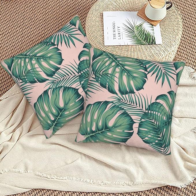 Tropical Palm Leaves Throw Pillow Covers 18x18 Inch Set of 2 Summer Green Leaf Monstera Plant Decorative Pillow Cases Modern Farmhouse Cushion Cases for Home Couch Sofa