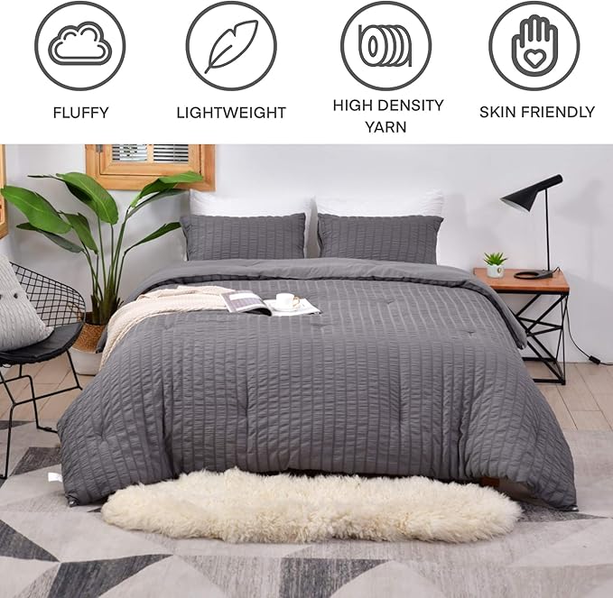 AveLom Seersucker King Comforter Set (104x90 inches), 3 Pieces - 100% Soft Washed Microfiber Lightweight Comforter with 2 Pillowcases, All Season Down Alternative Comforter Set for Bedding, Gray
