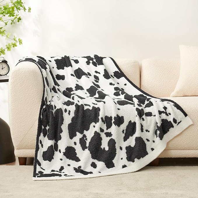 Snuggle Sac Cow Pattern Throw Blanket for Couch - Ultra Soft Microfiber Blanket, Plush Warm Reversible Blanket, Cow Jacquard Knitted Throw for Sofa & Bed, Black Cow, 50x60 inches
