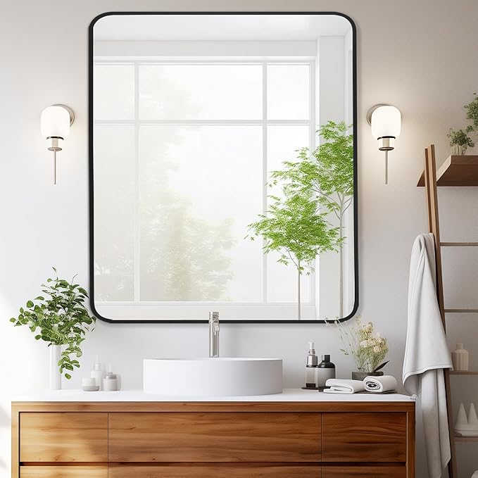30x36 Inch Rectangle Bathroom Mirror with Black Metal Frame, Rounded Corner Rectangular Vanity Mirror for Wall, Modern Large for Bedroom, Living Room, Horizontal or Vertical