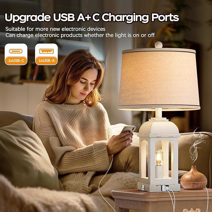 QiMH Table Lamp for Living Room, Farmhouse Lamps with USB A+C and Nightlight, 26" Rustic Bedside Lamps with 3-Way Dimmable Touch Control, Nightstand Lamp for Bedroom, Shabby White, 1 Pack