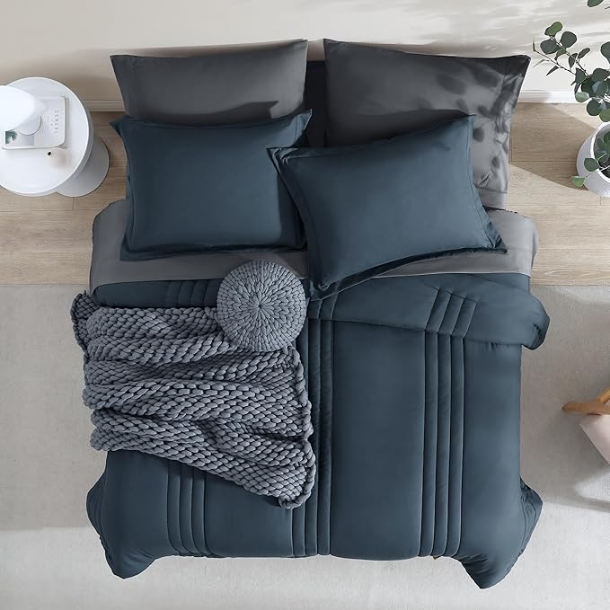 Monbix Twin XL Size Comforter Set - Extra Long 5 Pieces Dorm Bedding Sets, Quilting Design Fluffy Bed in a Bag Twin XL with Sheets, Pillowcase & Sham(Blue Grey)