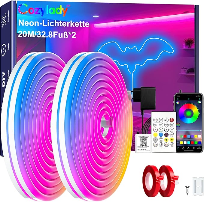 Cozylady 66Ft (33Ft * 2 Rolls) RGB LED Neon Rope Lights for Bedroom, 20m LED Strip Lamp with Double Sided Adhesive Tape, App/Remote Control DIY Lights Decorate The Outdoor and Indoor of Your Home