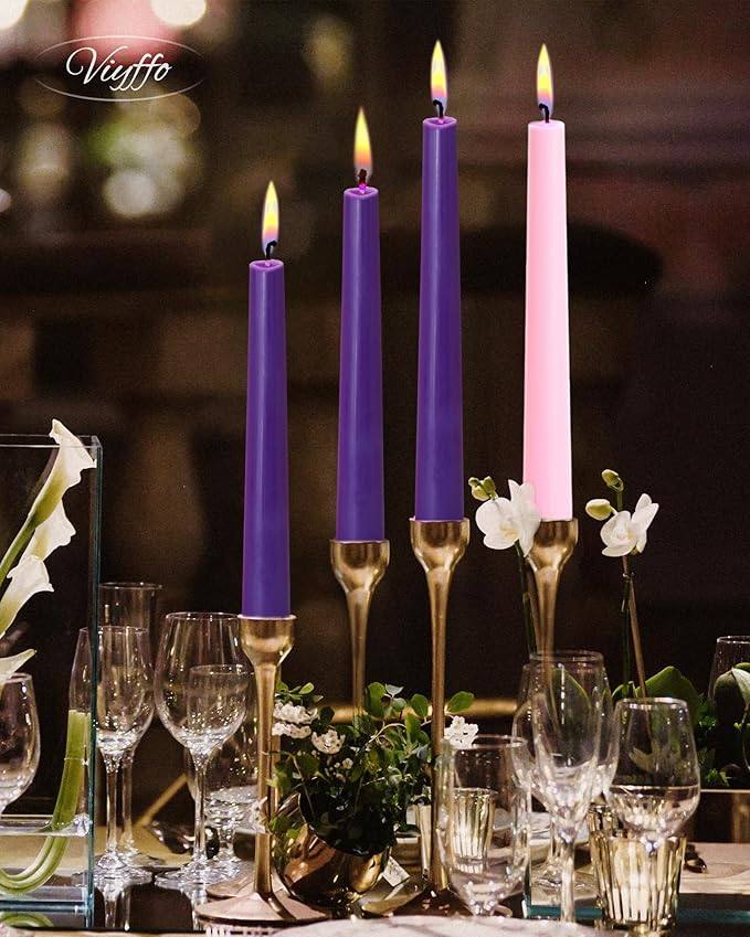 Viyffo Advent Taper Candles 12 Inch Purple & Pink 4 Pack – 9-Hour Burn Special Edition Unscented Dripless Smokeless Long Tapered Candlesticks for Church Services & Holiday Celebrations