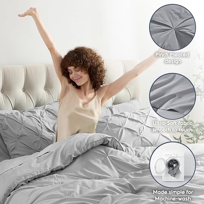 Nestl King Size Comforter Set 7 Pieces - Pinch Pleated Comforter Set Light Grey, Bed in a Bag, All Season Bed Set, Bedding Set with Flat Sheet, Fitted Sheet, Pillowcases and Shams