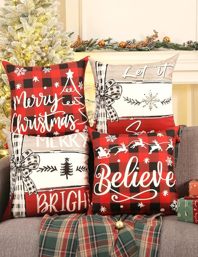 TOYPOPOR Christmas Decorations, Double Sided Throw Pillow Covers 16x16 Inches Set of 4, Christmas Tree, Snowflakes, Merry Christmas, Snowman Reindeer Cushion Case for Farmhouse Home Holiday Decor