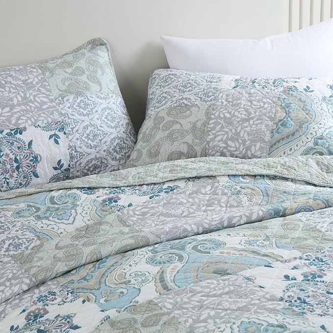 Secgo Queen Size Comforter Set- 100% Cotton Quilt Queen Size Set, Green, Sage bedspreads (90 * 96 Inch) with 2 Pillow Shams, Patchwork Reversible Lightweight Bedding