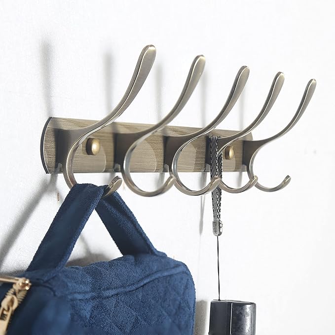 SKOLOO Coat Rack Wall Mount - Modern, Metal Wall Coat Rack with 5 Hooks, Pack of 2, Sturdy Wall Hook Rack Rail for Hanging Coat, Jacket, Clothes, Hat, Bronze