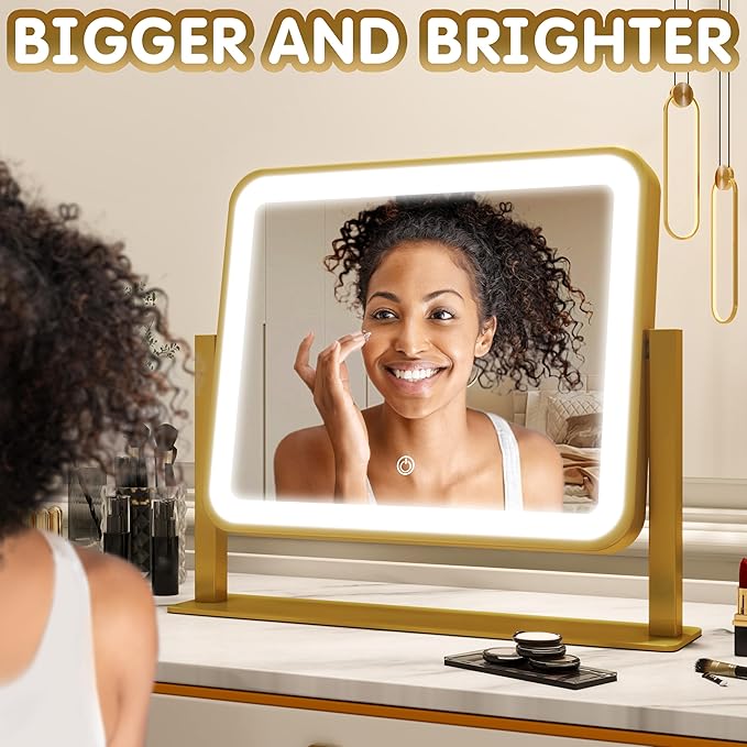 FENNIO Vanity Mirror with Lights 14x12 Inch - Makeup Mirror with Lights Tabletop, 3-Color Dimmable Lighted Mirror, Touch Control Desktop Mirror for Women (Gold)