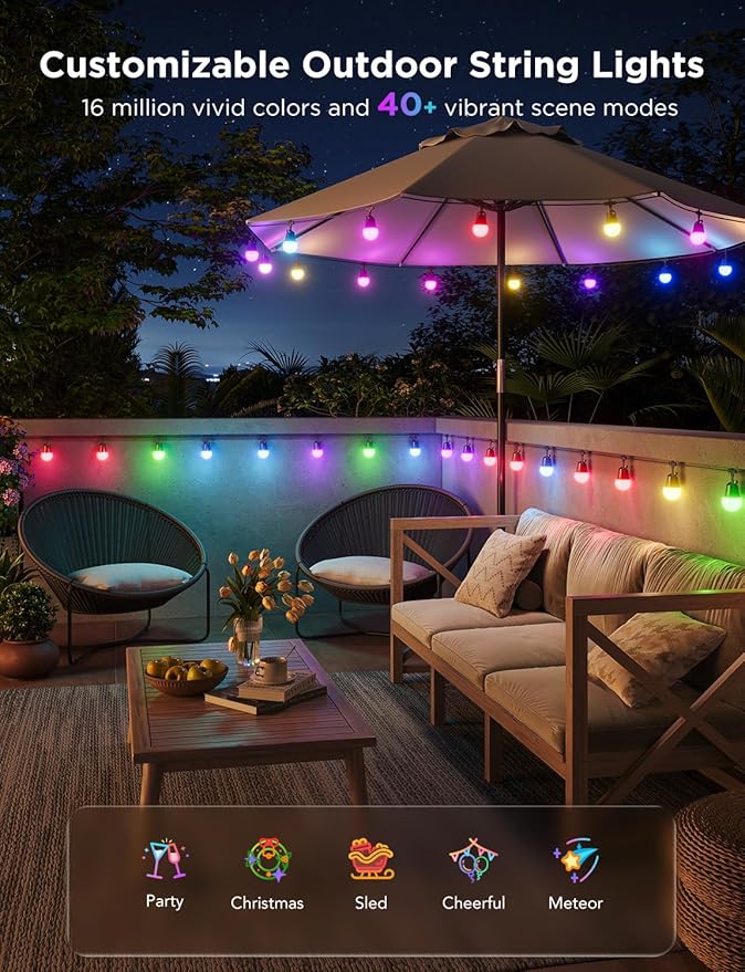 Govee Smart Outdoor String Lights 2, 48ft Outdoor Lights with Dimmable Warm White LED Bulbs, 47 Scene Modes for Patio, Backyard, Balcony, IP65 Waterproof, Works with Alexa, App Control