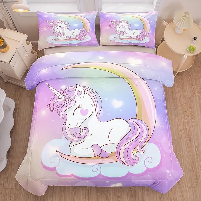 Tailor Shop Unicorn Girls Comforter Sets Full Size,Unicorn Purple Bedding Sets for Girls Kids Teens with 2 Pillowcase