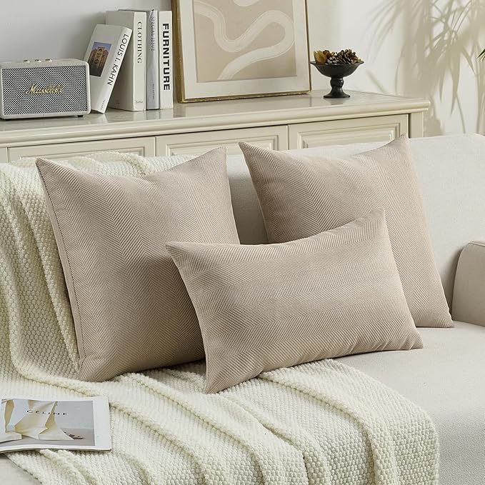 FUTEI Oatmeal Chenille Throw Pillow Covers 22x22 Inch Set of 2,Soft Wide Chevron Textured Cushion Case,Farmhouse Home Decor for Couch Living Room