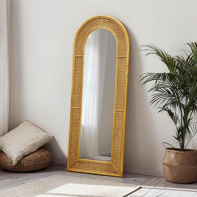 Rattan Full Length Mirror, 60''x24'' Arched Floor Mirror for Home, Bedroom, Living Room, Boho Decor (Natural Rattan)
