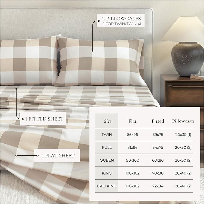 Great Bay Home Flannel Sheet Set Full Size - 100% Turkish Cotton, Double-Brushed, Printed Bed Sheets - Ultra-Soft, Cozy, 4-Piece Bedding Set (Buffalo Check - Soft Taupe/Pale Grey)