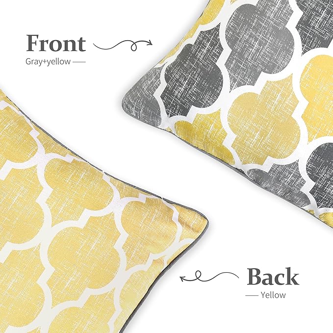 Beauoop Decorative Chenille Throw Pillow Covers with Moroccan Quatrefoil Geometric Double-Sided Print Square Soft Pillow Cases for Couch, Sofa, Living Room, Bedroom, 18"x18", Set of 2, Yellow Gray