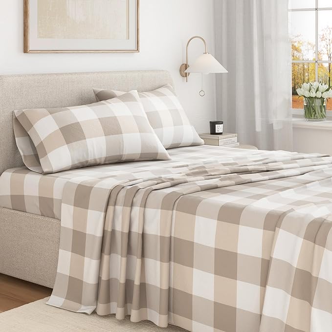 Great Bay Home Flannel Sheet Set California King Size - 100% Turkish Cotton, Double-Brushed, Printed Bed Sheets - Ultra-Soft, Cozy, 4-Piece Bedding Set (Buffalo Check - Soft Taupe/Pale Grey)