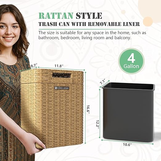 Ypati Rattan Trash Can with Lid, Wicker Bathroom Garbage Bin with Removeable Liner, 4 Gallon Small Waste Basket for Home, Outdoor Patio, Dorm, Office, Boho Decor, with Trash Bags, Tan Yellow, Eureka
