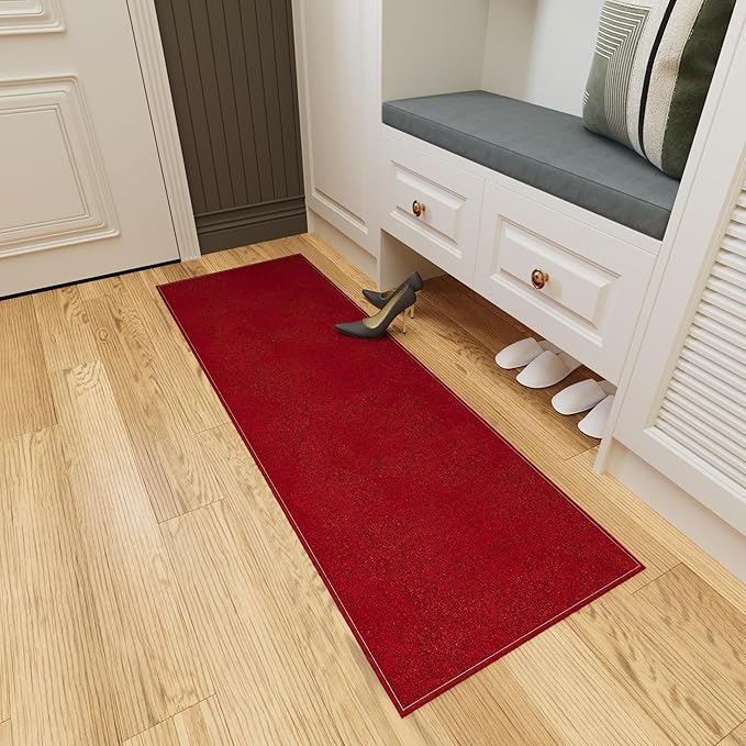 Ottomanson 2' x 6' Ultra-Thin Hallway Runner Rug - Durable Non-Slip Carpet for High-Traffic Areas - Fits Under Doors for Seamless Entry - Ideal for Kitchen, Entryway, Bedroom & Living Room, Red