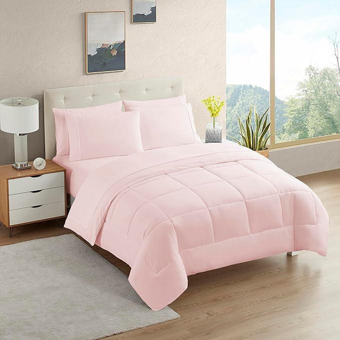 California King Comforter Set - Soft & Breathable 7-Piece Bedding Collection - 1 Comforter, 1 Fitted Sheet, 1 Flat, 4 Pillowcases - Deep Pocket - Premium Quality - Ideal for All Seasons, Pale Pink