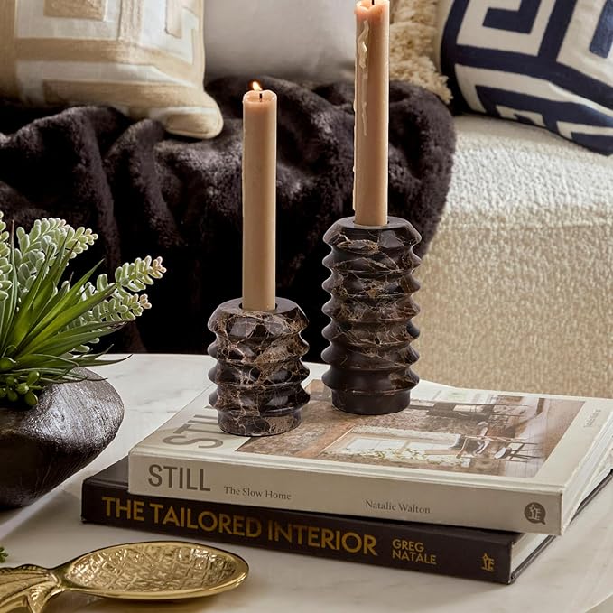 HofferRuffer Marble Candlestick Holders, Set of 2 Natural Stone Candle Holder Decorative Candle Stands for Wedding, Dinning, Party, Table Centerpieces, Fits 3/4'' Thick Candles (MarbleBrown)