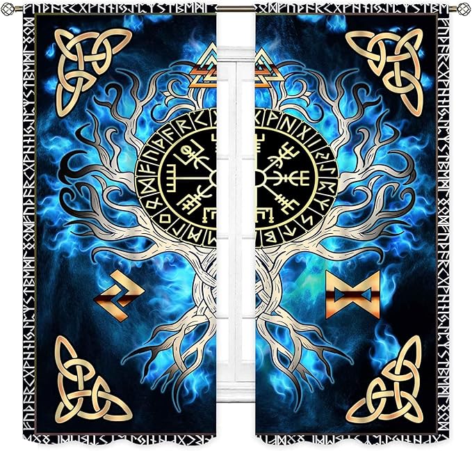 Tree of Life Curtains, Vikings Celtic Nordic Life Tree Scandinavian Aesthetic Mythology Blue Window Drapery Treatments for Bedroom Living Room Bathroom 2 Panels, 42"x45" Inch