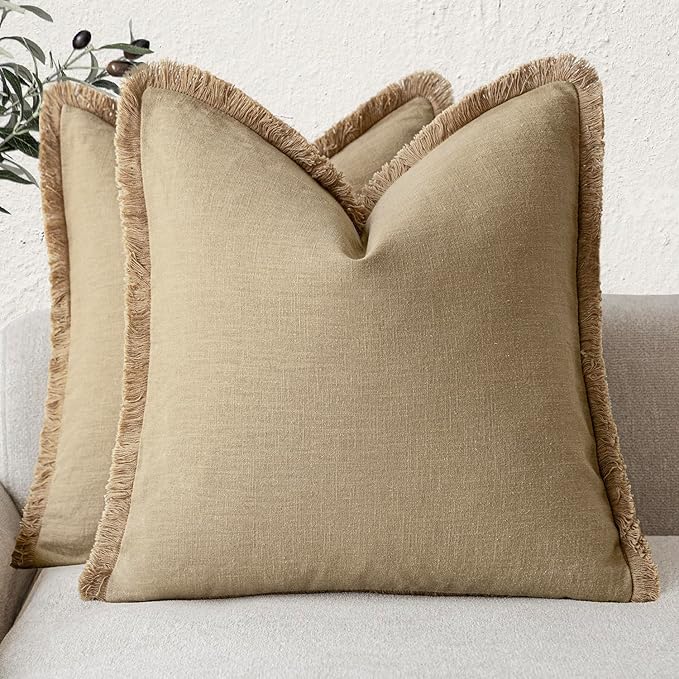 Foindtower Set of 2 Decorative Linen Fringe Throw Pillow Covers Boho Farmhouse Cushion Cover with Tassels Soft Accent Pillowcase for Couch Sofa Bed Living Room Home Decor,26×26 Inch,Light Khaki Taupe