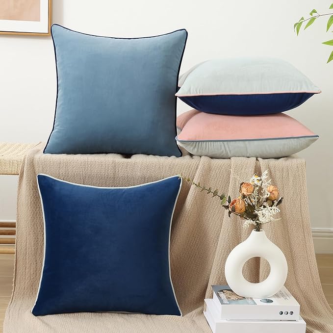 Mecatny Set of 4 Velvet Throw Pillow Covers 20x20, Soft Colorful Accent Decorative Couch Pillow Covers for Sofa Bedroom Living Room, Blue/Pink
