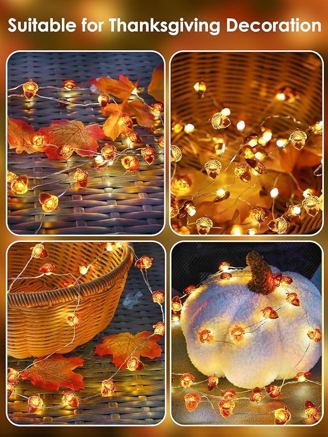 Fall Decorations Acorn Fairy Lights Battery Operated with Remote & 8 Modes & Timer, 10ft 30LED Acorn Fall Lights String Harvest Decoration Outdoor Indoor Light for Garland Halloween Thanksgiving Decor