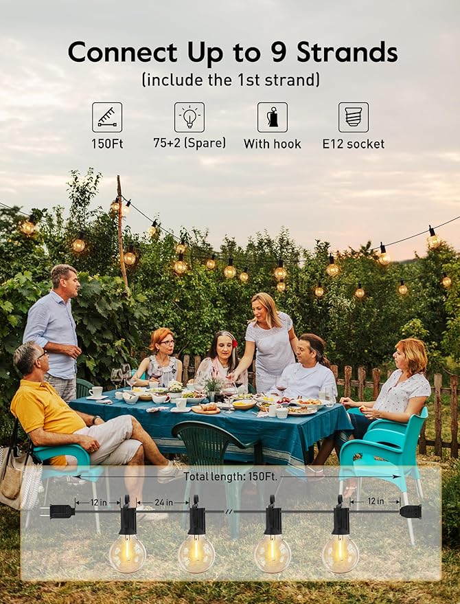 Brightown LED Outdoor String Lights - 150FT Patio Lights with 75 Shatterproof Clear Dimmable Edison Bulbs, Waterproof Connectable Hanging Light for Outside Backyard Porch Party Christmas Decoration