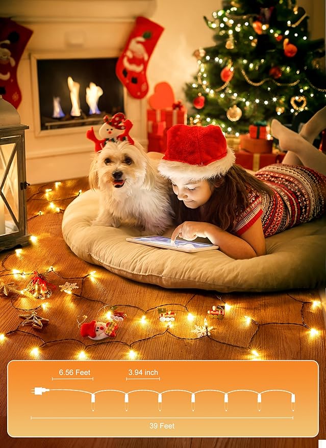 Brightown LED Christmas Mini Lights, 39Feet 100 LED Clear Bulbs String Lights with 8 Light Modes, Connectable Fairy Lights Plug in for Outdoor Xmas Trees Garland Wreath Holiday Decorations, Warm White