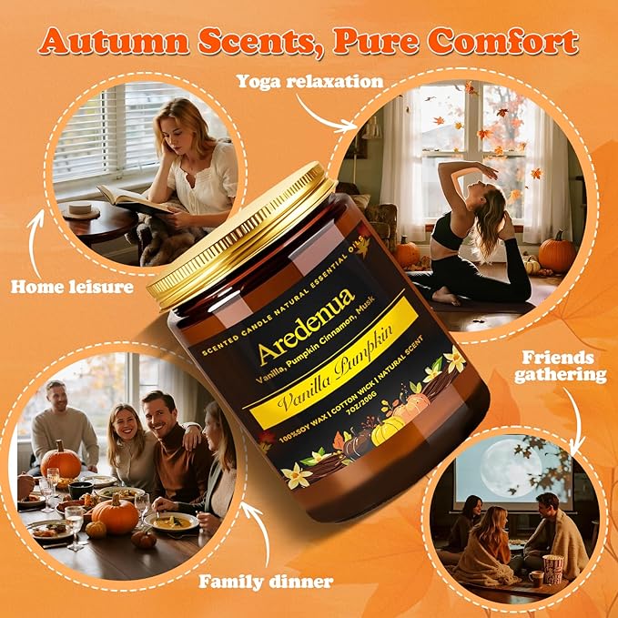 Fall Candles | Vanilla Pumpkin Scented Candle - Scented Candles for Autumn, 7oz Autumn Soy Candle with 50hr Burn Time, Holiday Thanksgiving Fall Gifts for Women Men