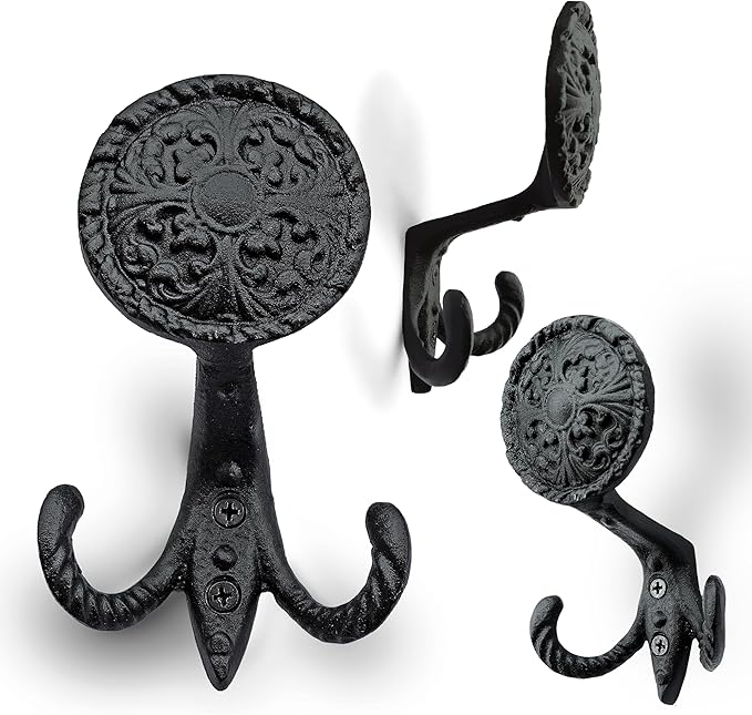 Ambipolar 3-Pack Fleur de lis Plate Style Coat Hooks, Vintage Black Hooks for Coats, Hats, and More, Sturdy Cast Iron Construction, Rustic Farmhouse Theme, Easy Installation Versatile and Durable