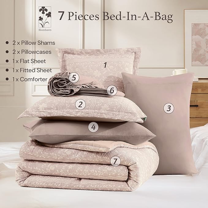 Full Comforter Set -7 Pieces Botanical Almond Pink Comforter Set for All Seasons, Bed in a Bag Full with Flowers Floral Comforter, Sheets, Pillowcases & Shams