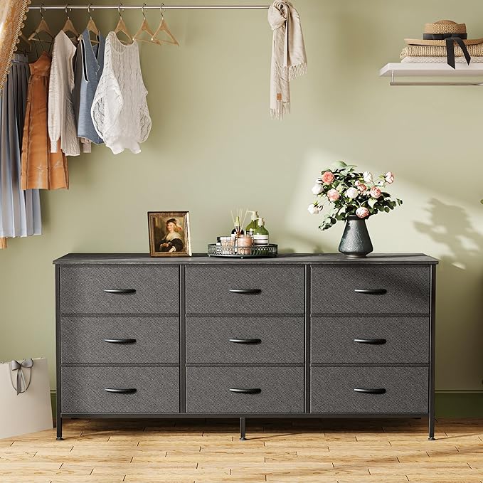 Huuger 9 Drawer Dresser, 47 Inch Dresser TV Stand for 50, 55 Inch TV, Entertainment Center with Drawers, Fabric Chest of Drawer for Bedroom, Closet, Black