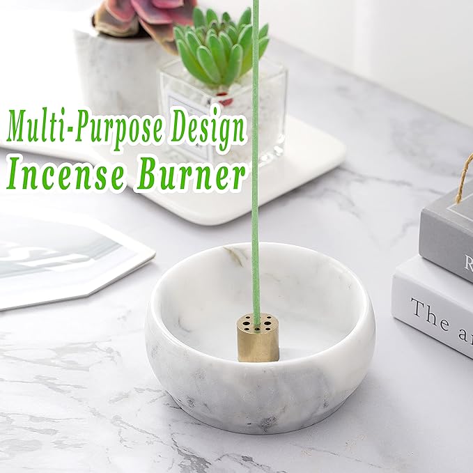 Marble Incense Holder, 9 Hole Burner for Meditation, Natural White & Grey Ash Grabber - Birthday Gift for Mom